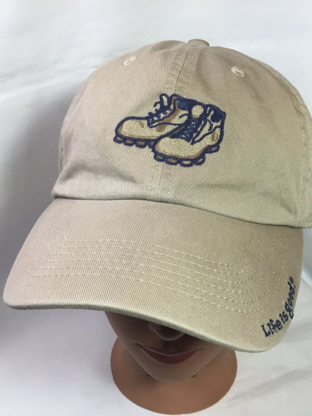 Life Is Good Hiking Boots Embroidered Baseball Cap In Khaki Strapback EUC